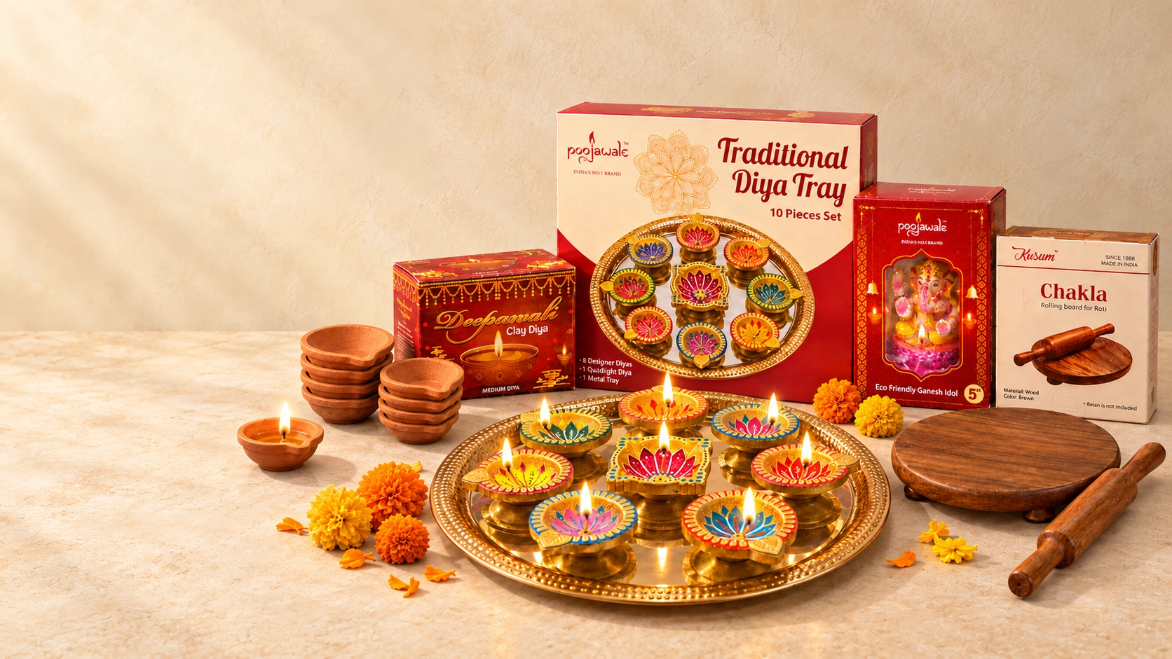 Pooja Wale clay diyas, a lit traditional diya tray and boxed Ganesh idol, alongside Kusum wooden kitchenware
