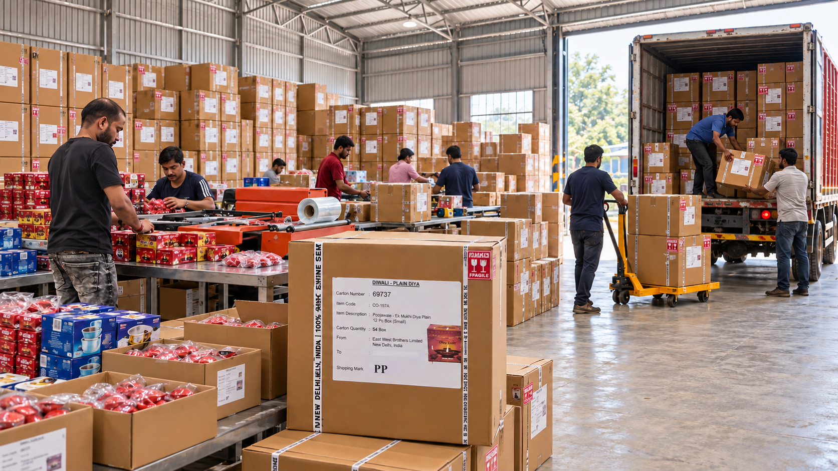 Representative recreated scene of export packing, stacked cartons and a truck being loaded