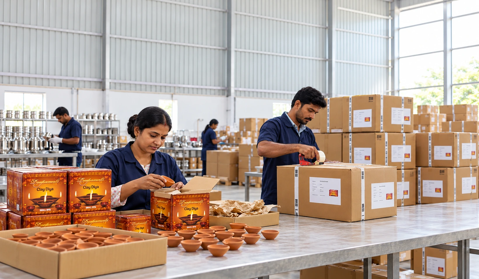 Illustrative warehouse scene showing printed clay Diya packs and labelled brown export cartons